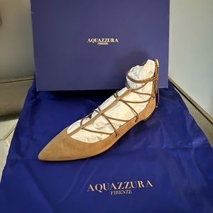 Aquazzura brand new in box tan suede tie-up “cayenne flats”